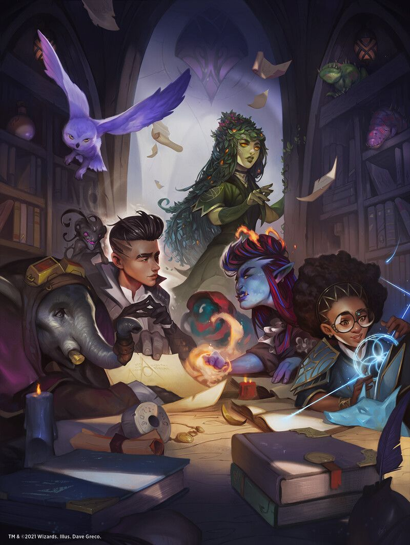 Strixhaven students gathered around luminous spell circles in the central academy hall